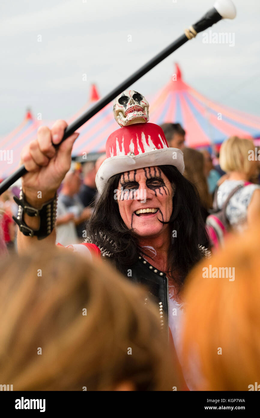 A man in Alce Cooper fancy dress at at the Big Tribute music festival, held on the outskirts of Aberystwyth Wales on August Bank Holiday weekend 2017. The fetsival showcases covers acts and tribute bands and attracts thousands of fans from all over the UK Stock Photo