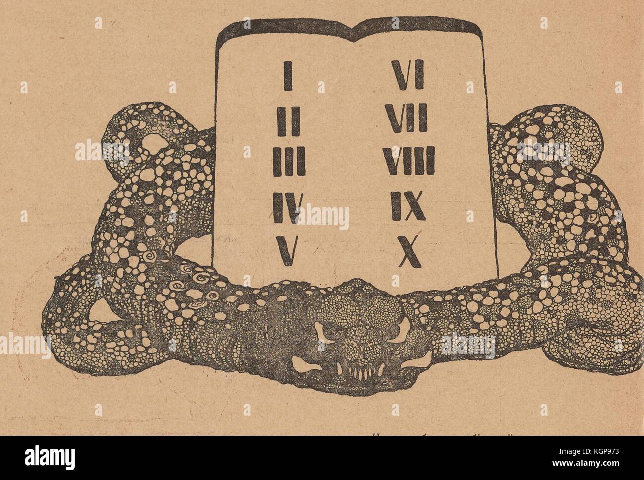 Illustration from the Russian satirical journal Maski (Masks) depicting a snake, likely the serpent in Eden, wrapped around two joined tablets with the roman numerals for numbers one through ten written on them, representing the Ten Commandments, 1906. Stock Photo