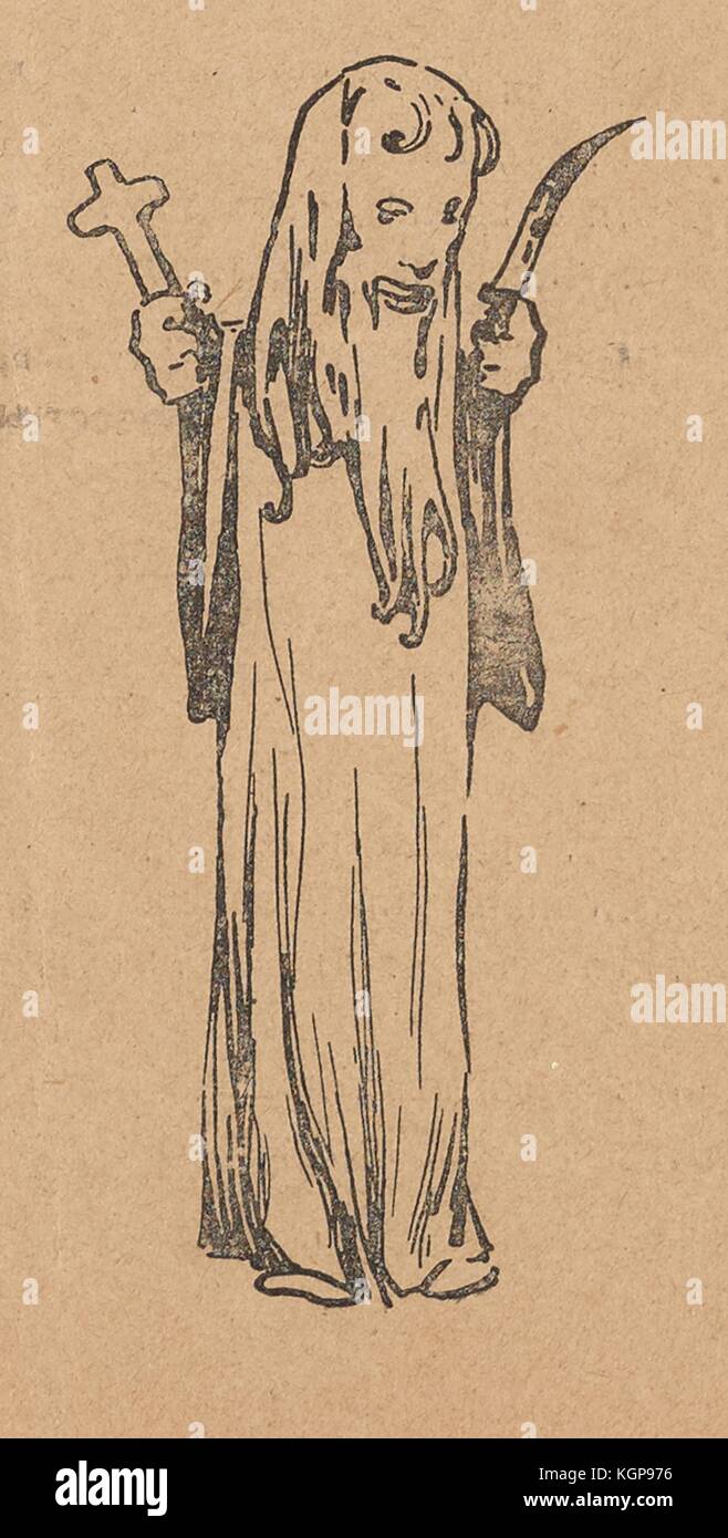 Illustration from the Russian satirical journal Maski (Masks) depicting a man with a long beard in a hooded robe, possibly a monk or other church figure, holding a cross in his right hand and a blood-covered dagger in his left, 1906. Stock Photo