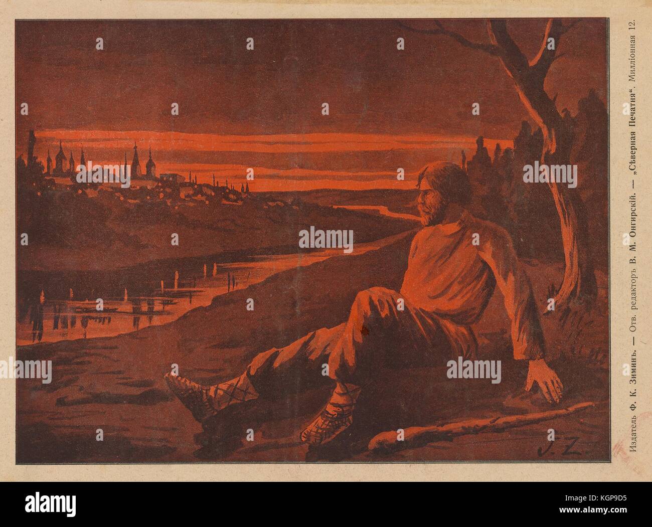 Red monochromatic picture from the Russian satirical journal Ovod (Gadfly) depicting a peasant sitting along the bank of a river with a club on the ground next to him and a village in the distance, 1906. () Stock Photo