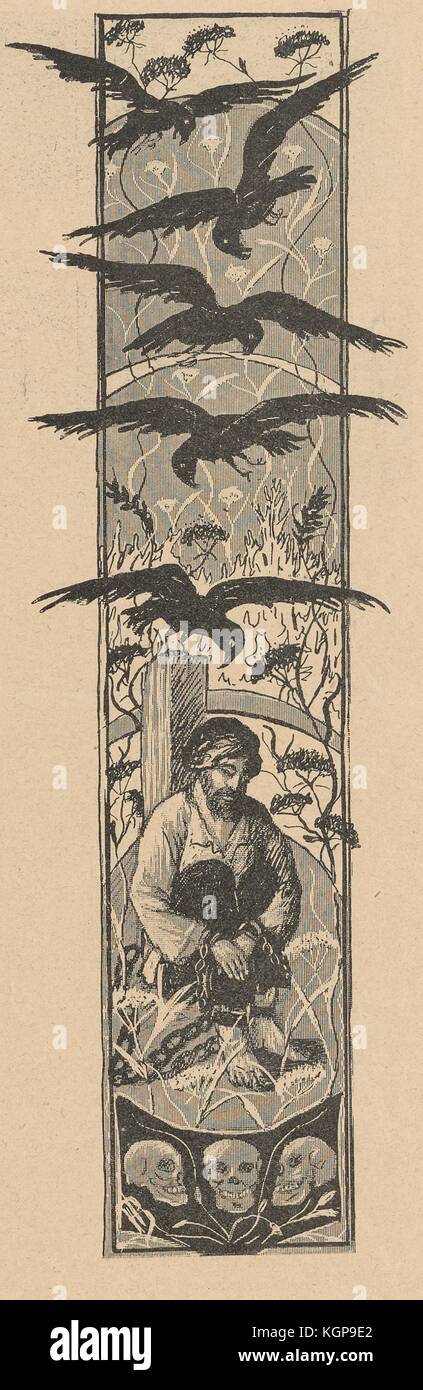 Illustration from the Russian satirical journal Ovod (Gadfly) depicting a man sitting on the ground while shackled to a fence, with five ravens flying over his head, and a flag with three skulls on it below him, 1906. () Stock Photo