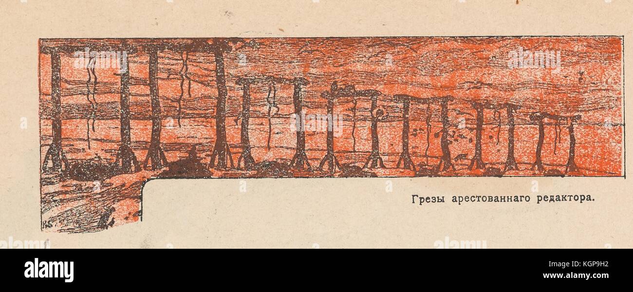 Illustration from the Russian satirical journal Plamia (Flame) depicting seven gallows lined up in a row, with text reading 'Dreams of an arrested editor', 1905. () Stock Photo