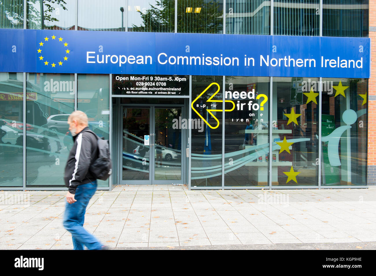 The European Commission office in Belfast, UK with people walking in fornt  of it. The Office of the European Commission in Northern Ireland was set u  Stock Photo - Alamy