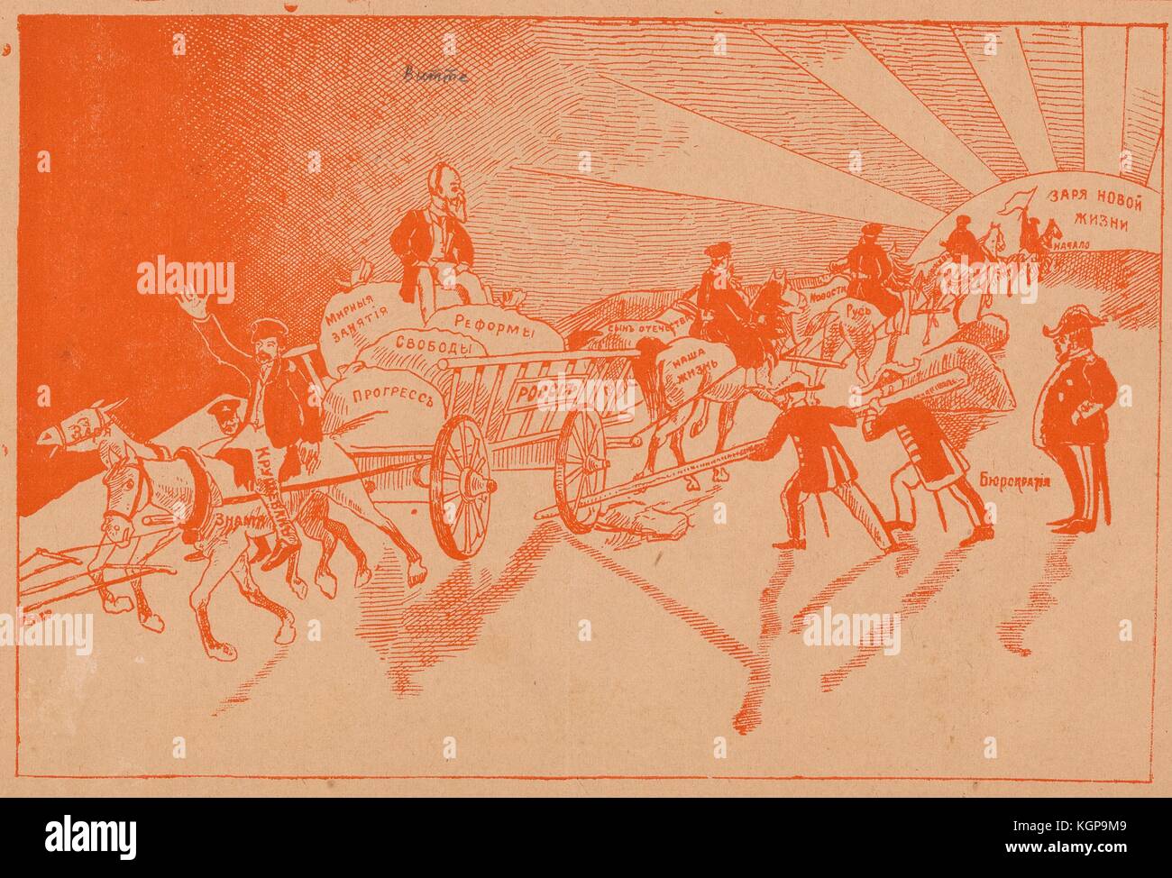 Cartoon from the Russian satirical journal Nagaechka (Little Whip) depicting a cart with 'Russia' written on it carrying sacks that say 'progress', 'reforms', 'freedom', and 'peaceful activities' with Tsar Nicholas II sitting on top, being pulled towards the sun, which says 'dawn of a new life', while some horses are being made to pull the cart away from the sun, and soldiers are trying to stop the cart by putting a large stick through one of the wheels; The horses pulling the the cart towards the sun have phrases associated with traditional Russian culture like 'son of the fatherland', 'news' Stock Photo