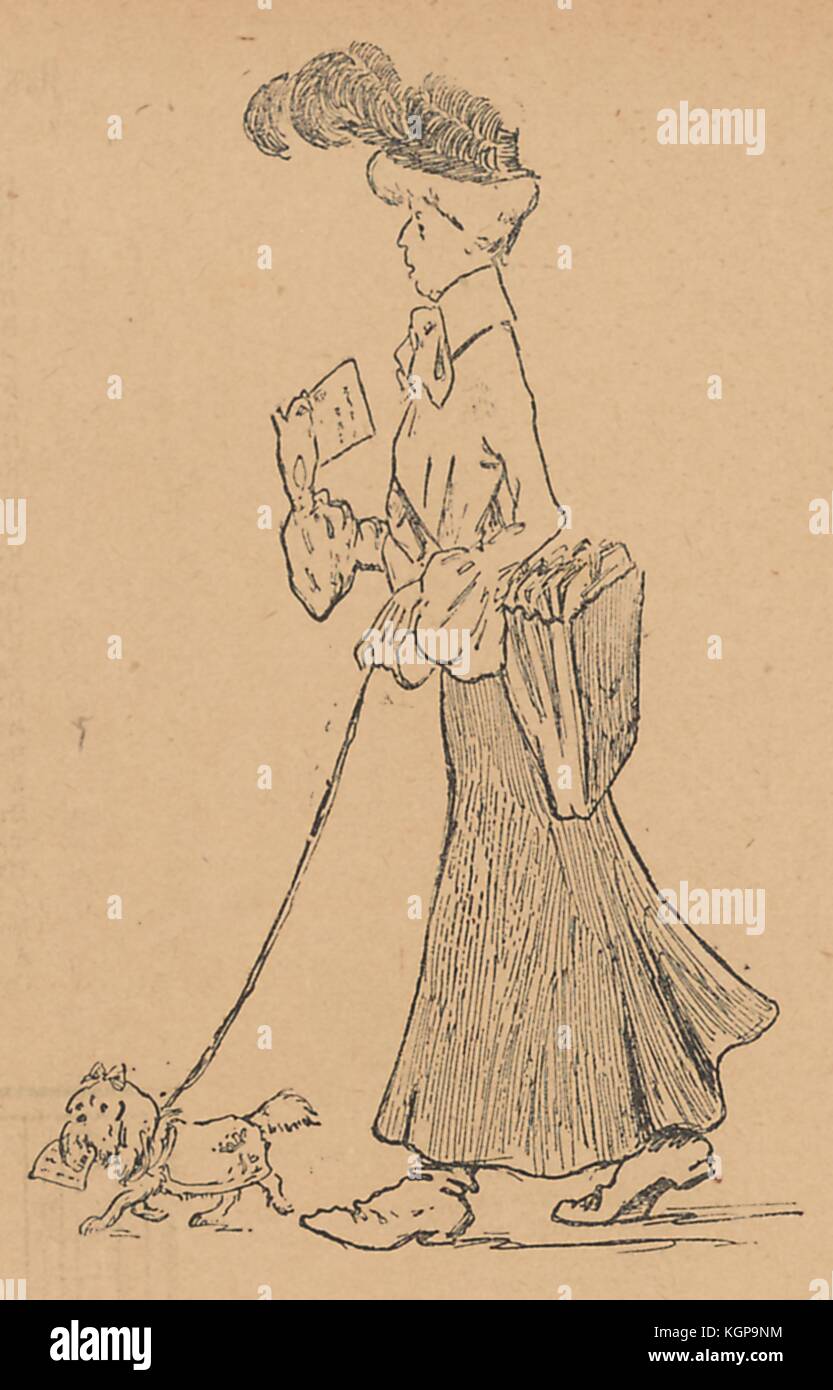 Illustration from the Russian satirical journal Signal (Signal) depicting a woman carrying a satchel and holding a paper in one hand while walking her dog, who has a piece of paper in its mouth, 1905. () Stock Photo