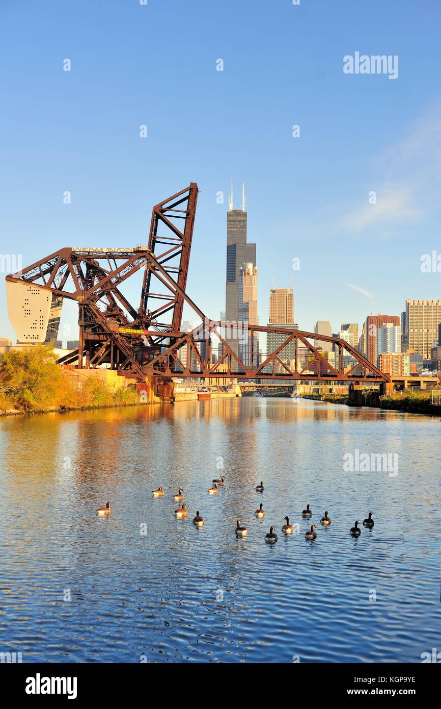 A portion of the Chicago downtown skyline visible beyond the South Branch of the Chicago River. Chicago, Illinois, USA. Stock Photo