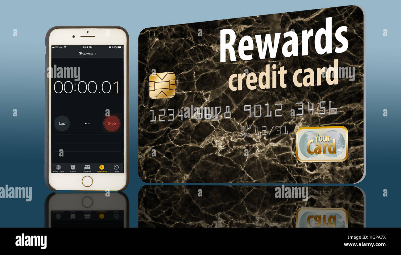 A rewards credit card is isolated on a white background. Goes with idea
