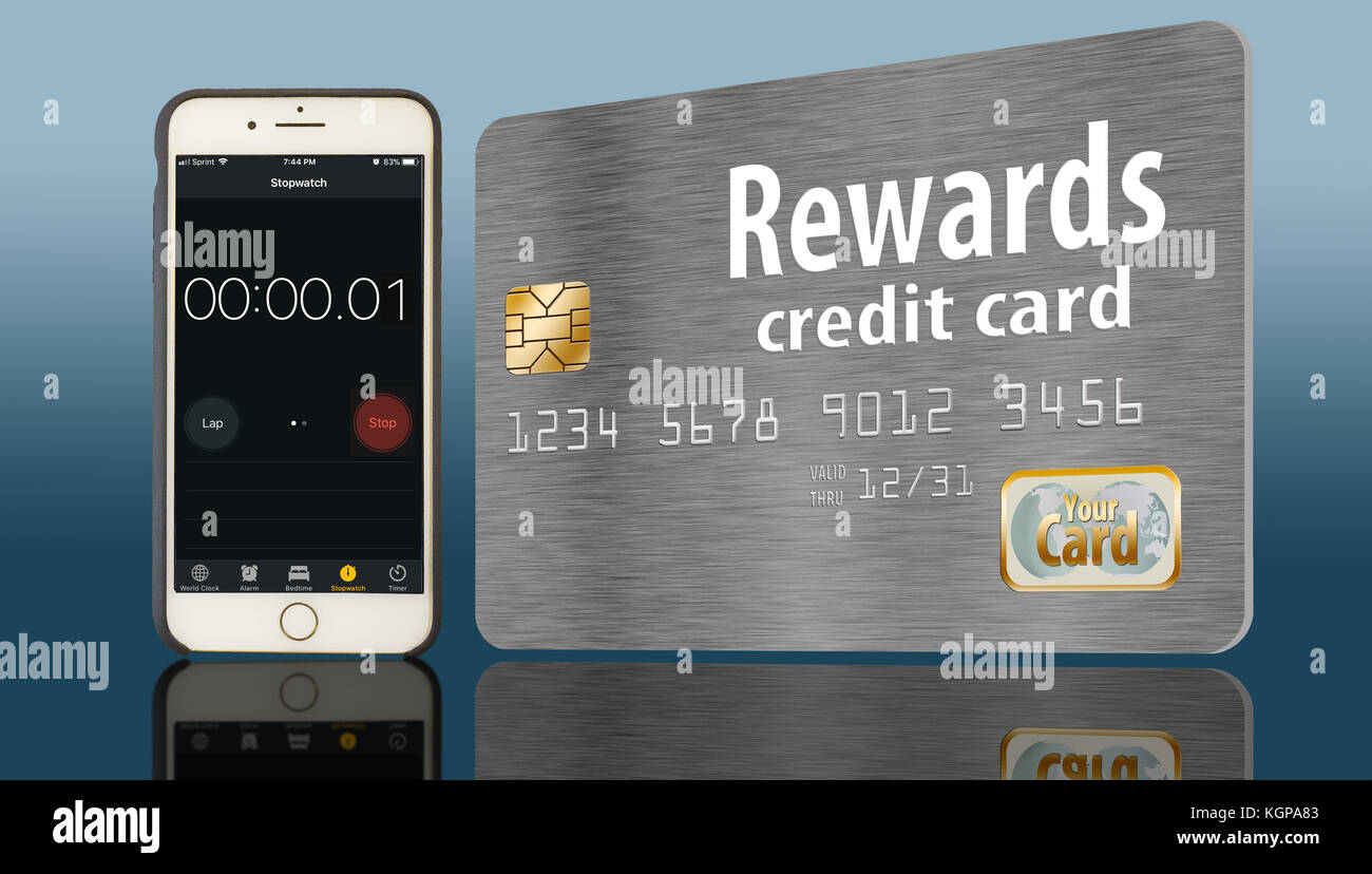A rewards credit card is isolated on a white background. Goes with idea