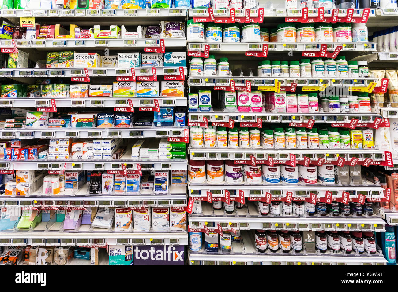 WELLINGTON, NEW ZEALAND - MARCH 1, 2017: Flu and general pain drugs and supplements are displayed in a supermarket in Wellingtion in New Zealand capit Stock Photo