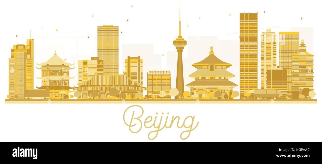 Beijing City skyline golden silhouette. Vector illustration. Beijing Cityscape with landmarks. Stock Vector