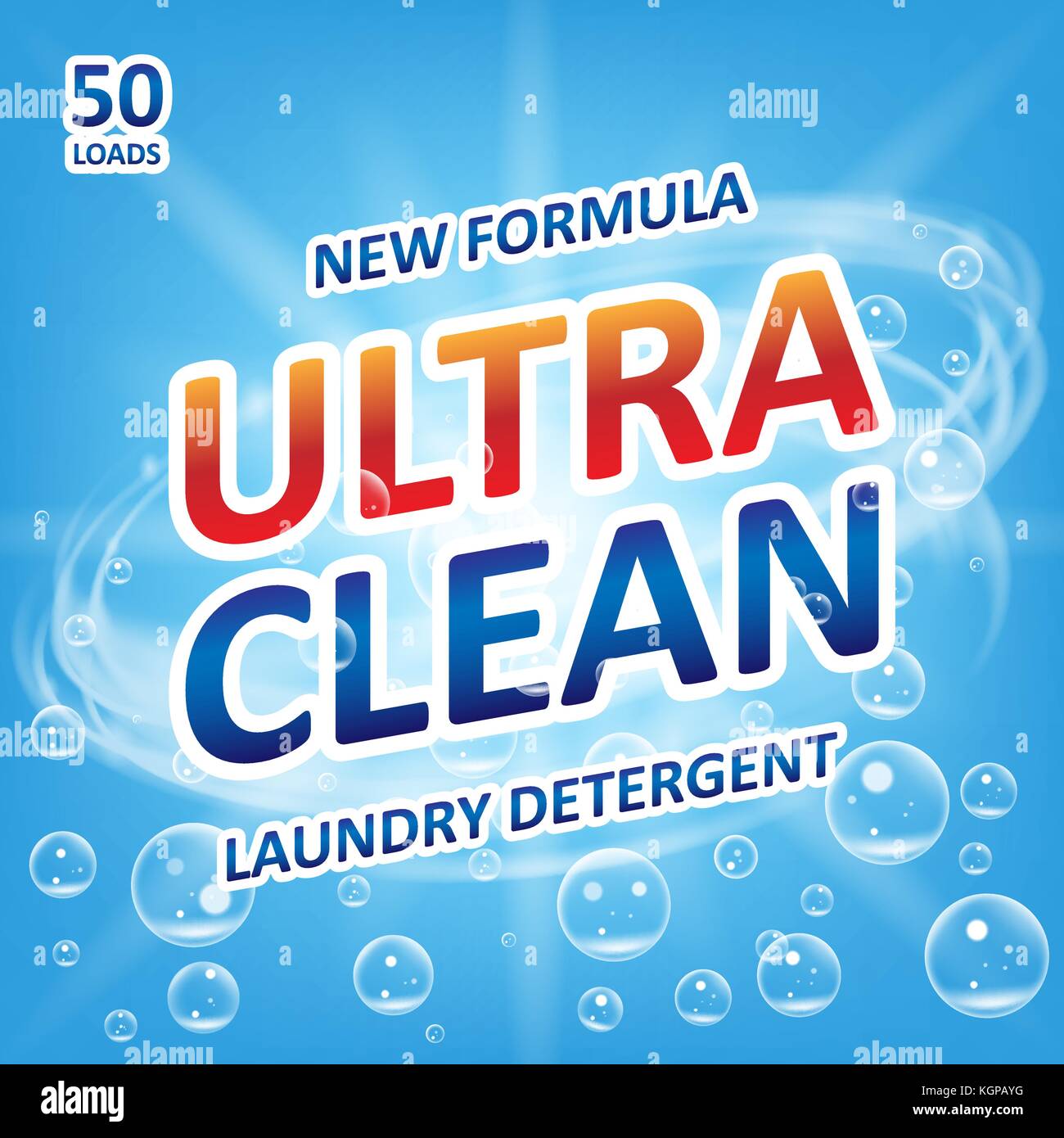 Ultra clean Soap design product. Template for laundry detergent with bubbles on blue. Package design for Liquid Detergents or Washing Powder. Vector illustration Stock Vector