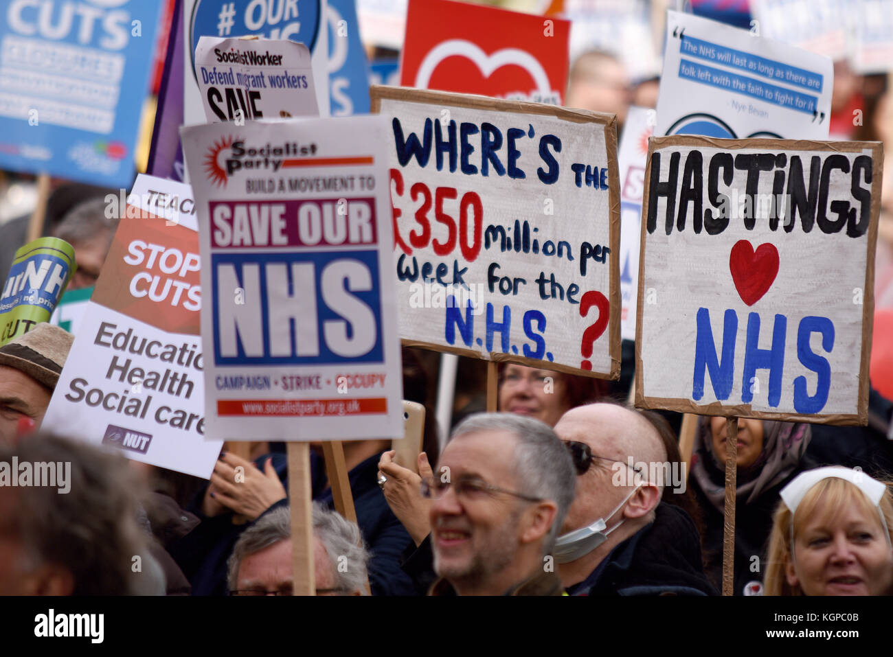Where is £350 million for NHS during Our NHS protest demonstration rally march against alleged UK Tory Conservative cuts and privatisation plans Stock Photo