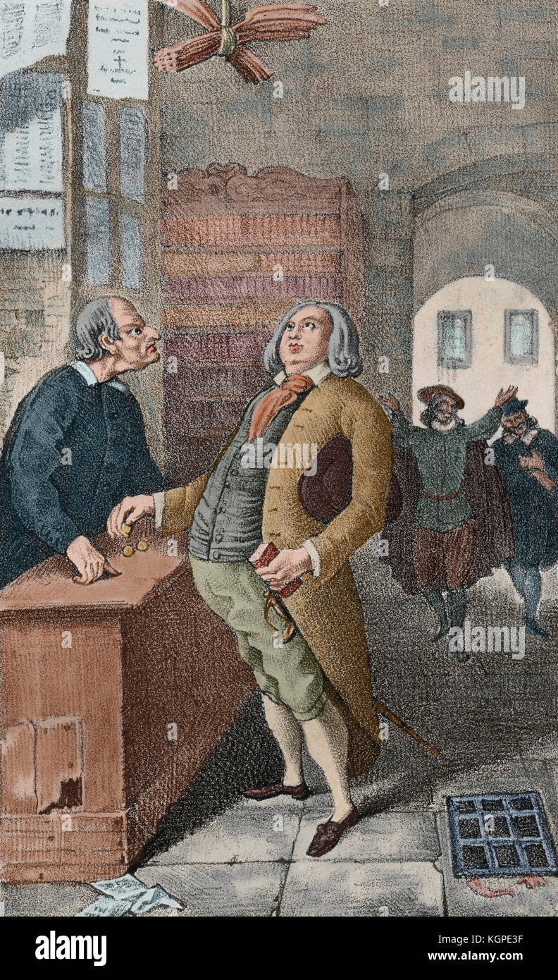 Costumbrist scene in a bookstore. Engraving of the work Moral dreams, Visions and visits of Torres with Francisco de Quevedo by Madrid, by Diego de Torres Villarroel (1693-1770). Colored. Stock Photo