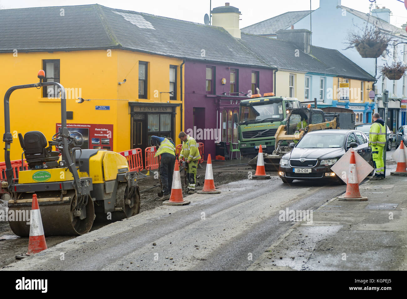 Roadworks on the main street in Schull, West Cork, Ireland, to install