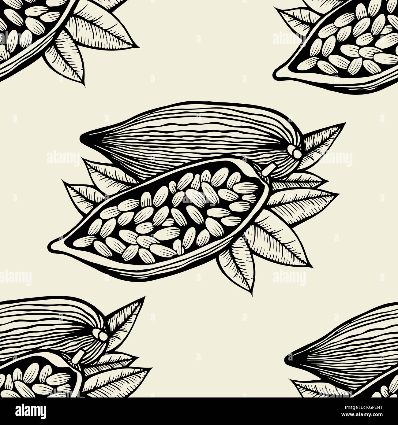 Vector seamless pattern of cocoa beans and leaves. Hand drawn engraved ...