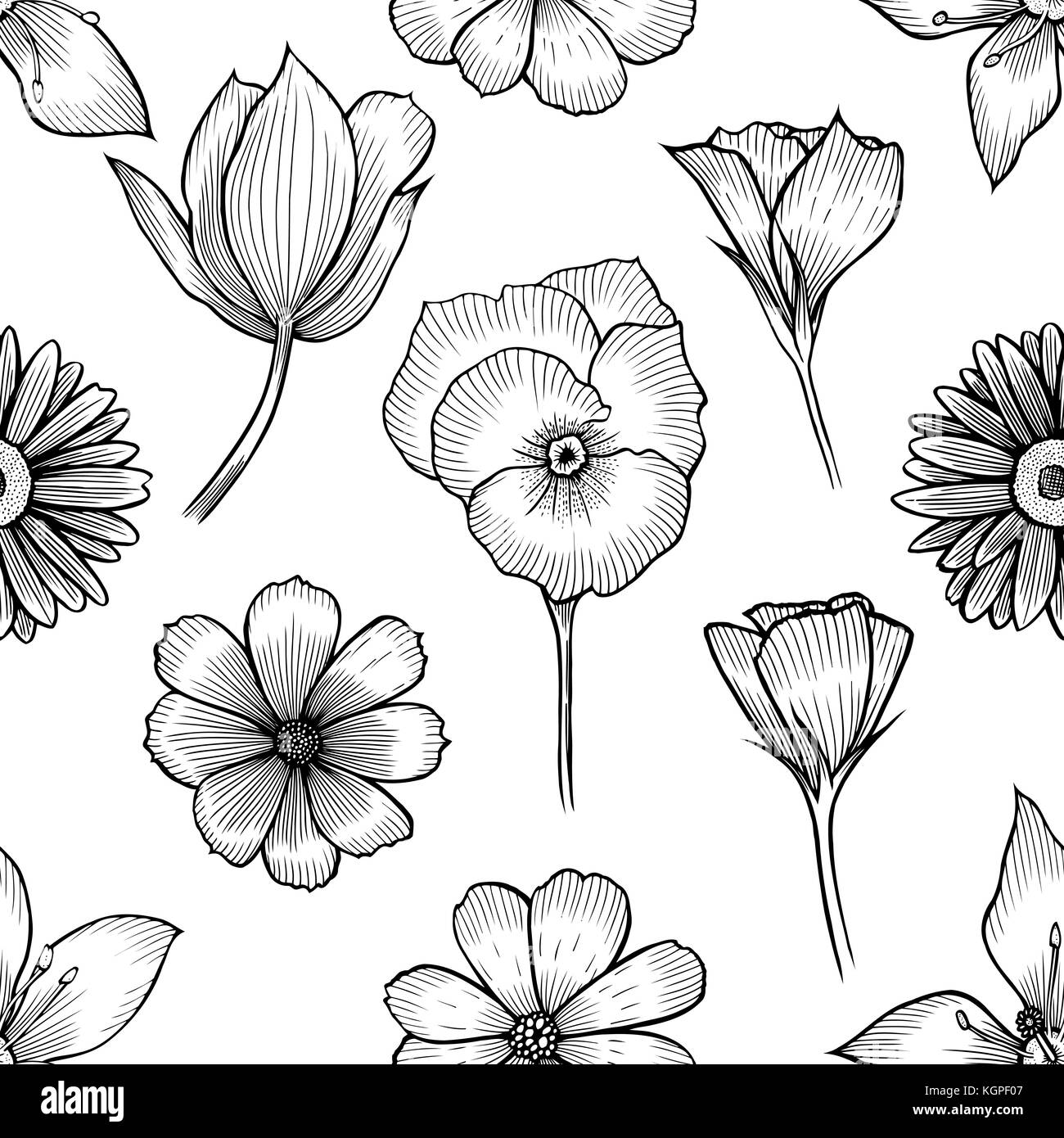 Vintage floral seamless pattern with hand drawn flowers Stock Vector ...