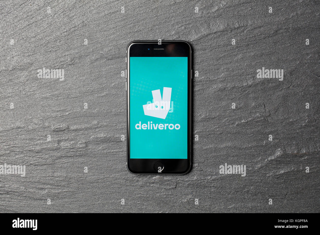 LONDON, UK - NOVEMBER 9th 2017: An apple iPhone showing the Deliveroo application logo. Deliveroo is an online takeaway delivery service Stock Photo