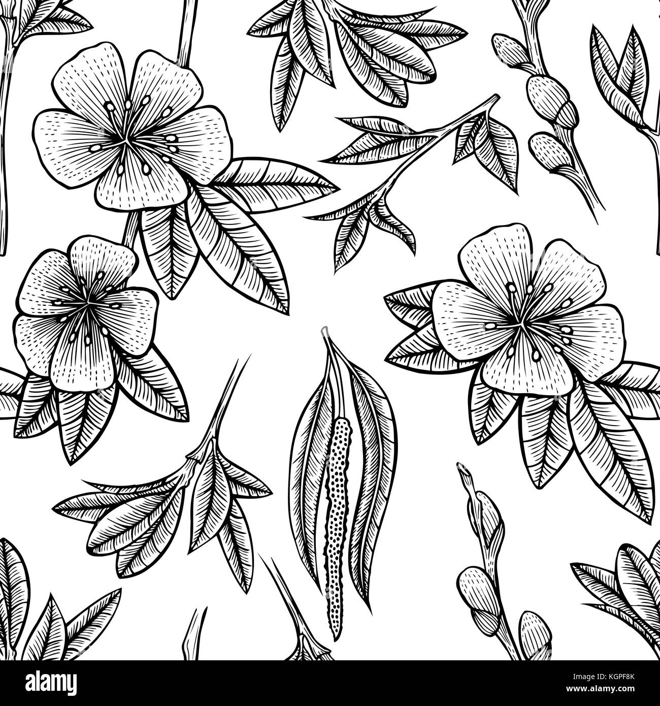Black and white floral seamless pattern. Vector illustration Stock ...