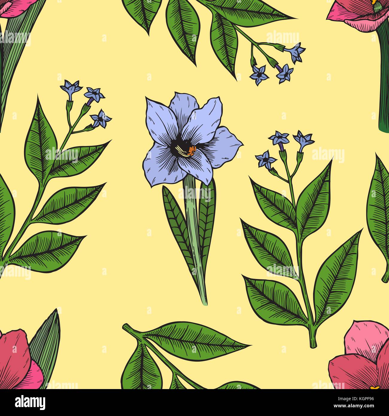 Seamless background pattern of Hand drawn flowers with leaves. Vector ...