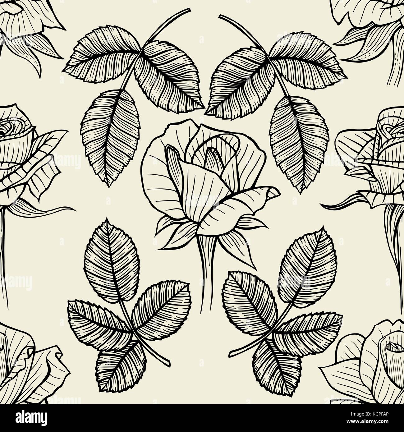 Hand drawn seamless pattern with roses. Black and white doodle floral ...