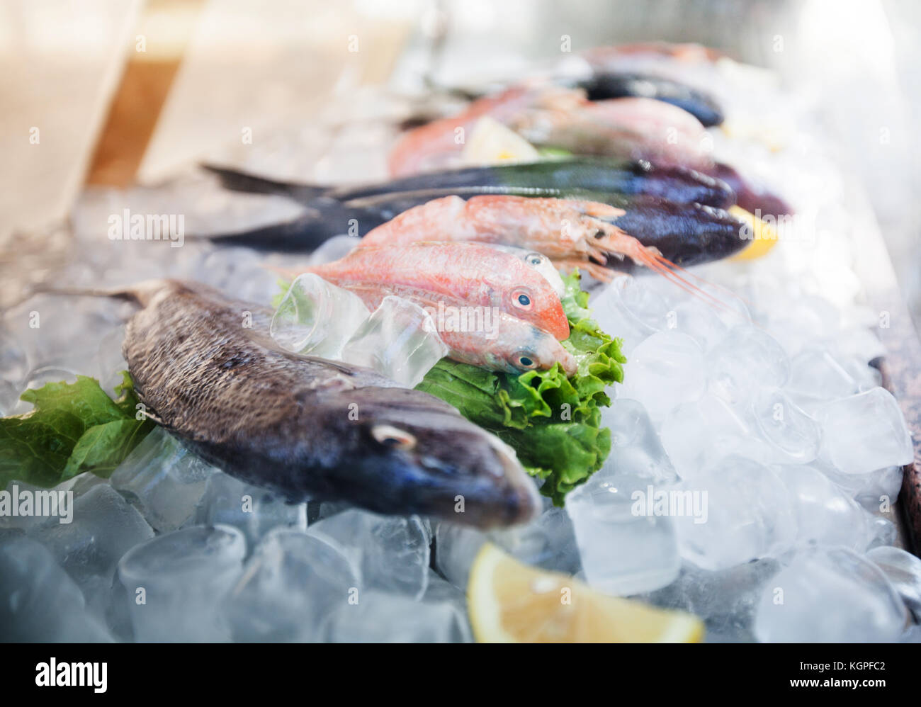 Fresh fish seafood on ice at fish market Stock Photo - Alamy