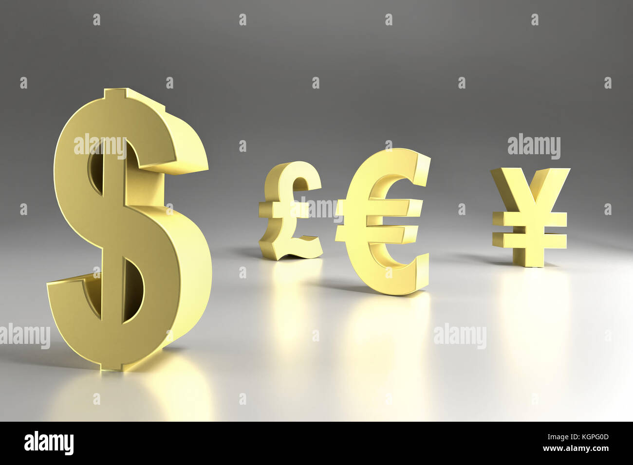 3D rendering of four major currency symbols in golden color - Dollar, Pound Sterling, Euro and Yen Stock Photo