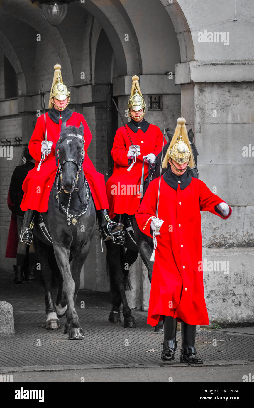 Changing of the queen's mounted life guards at the horse guards building at Whitehall, London