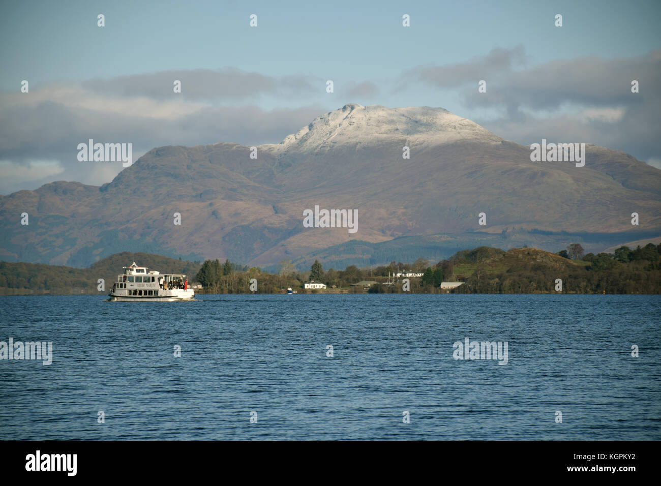 Loch Lomond snow on Ben Lomond in the background, Scotland Stock