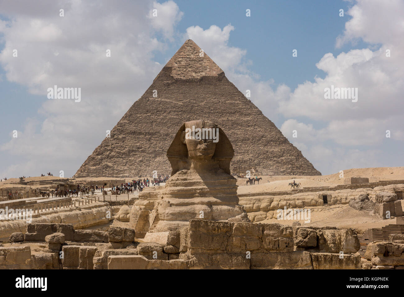 Great Sphinx in front of the Pyramid of Khafre on the Giza Plateau outside of Cairo, Egypt. Stock Photo