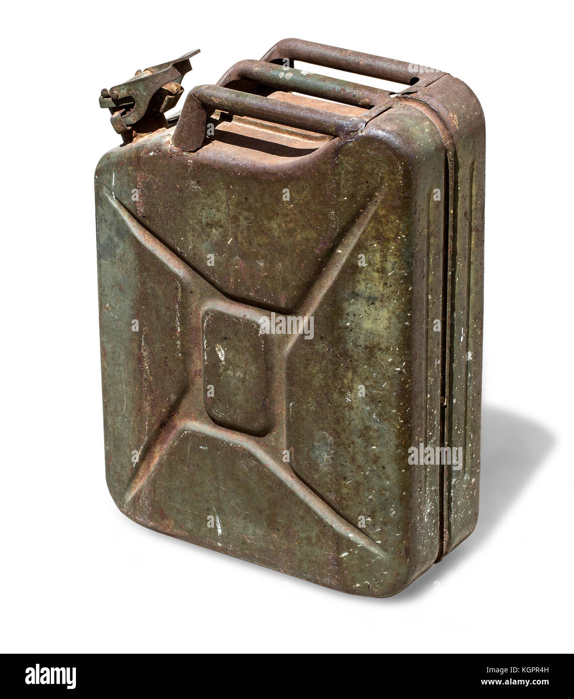 Old rusty canister, jerrycan isolated on white background, with clipping path Stock Photo