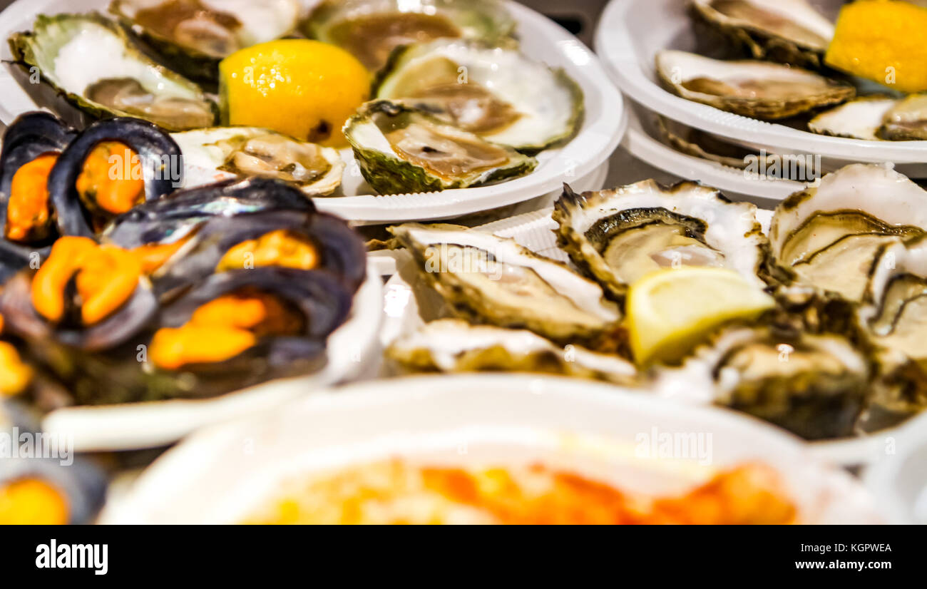 Close up view at fresh seafood on Fish Market in Madrid, Spain Stock