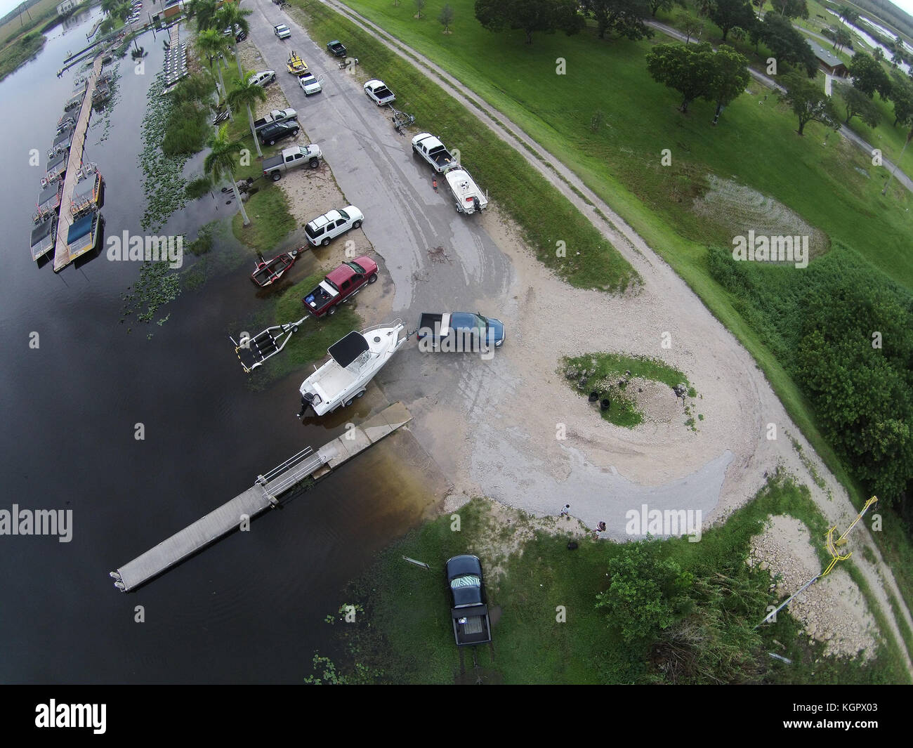 Boat ramp in the Florida Everglades seen from above Stock Photo