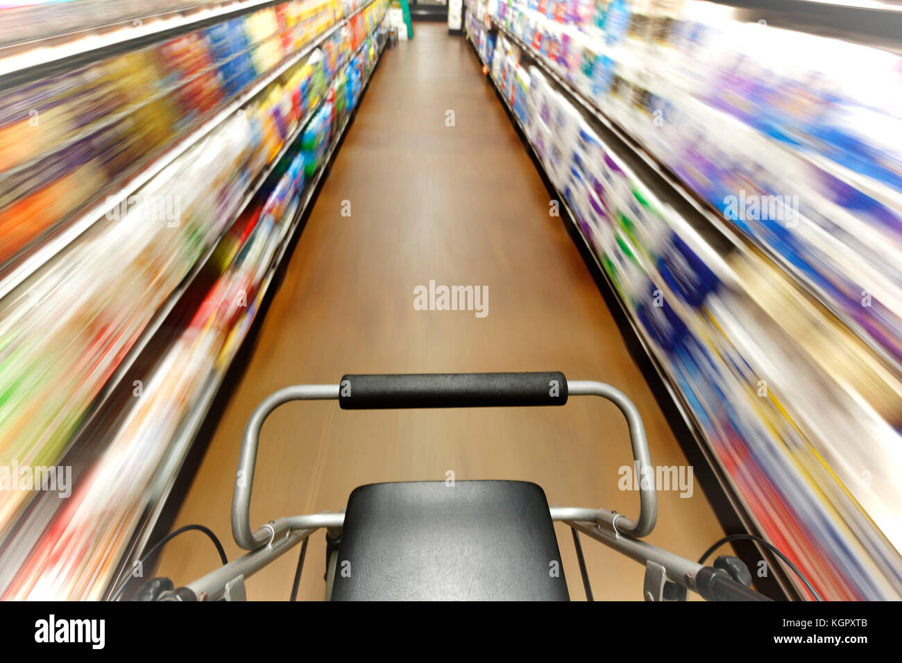 First person view of person with disability who is disoriented walking down a shopping aisle Stock Photo