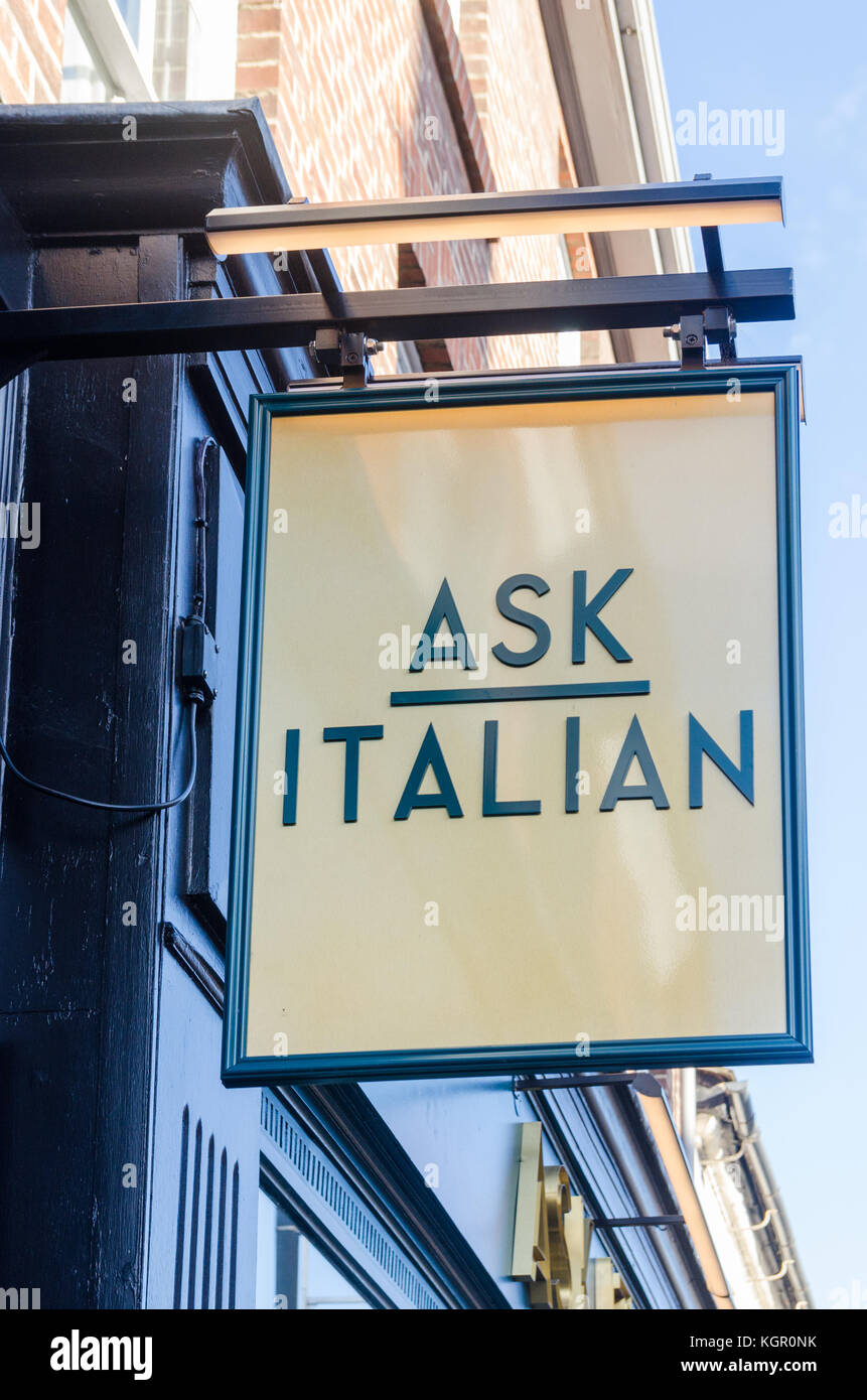 Sign above entrance to Ask Italian restaurant in Warwick, UK Stock Photo