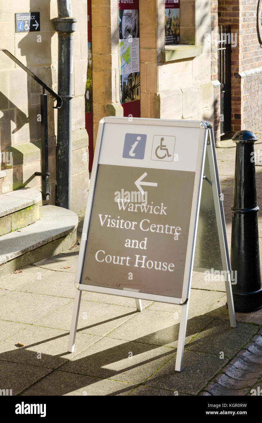 Sign for Warwick Court House and Visitor Centre in Jury Street, Warwick, UK Stock Photo
