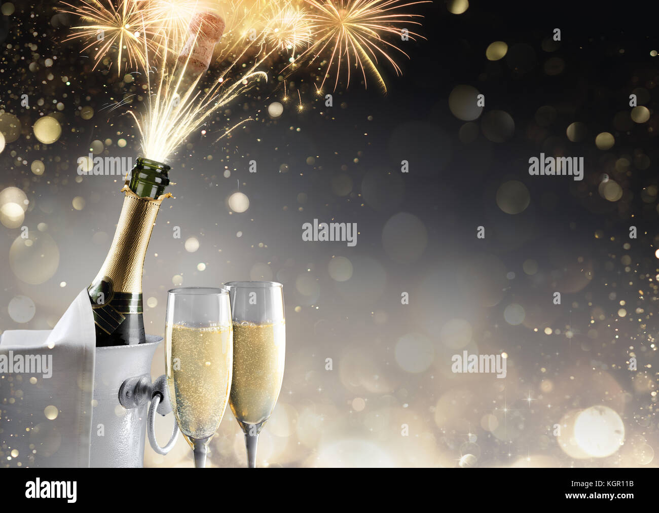Champagne And Fireworks For Sparkling Celebration Stock Photo
