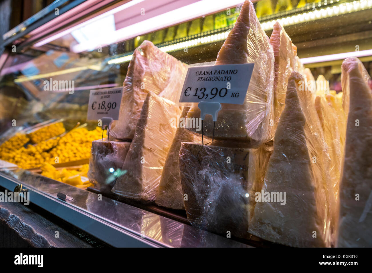 Italian cheeses at the famous Ceccarelli shop on Via Pescherie, Bologna