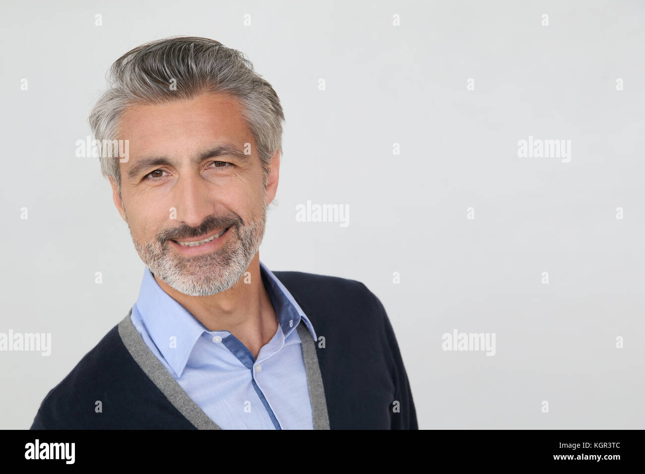 Smiling Handsome Man With Grey Hair Isolated Stock Photo