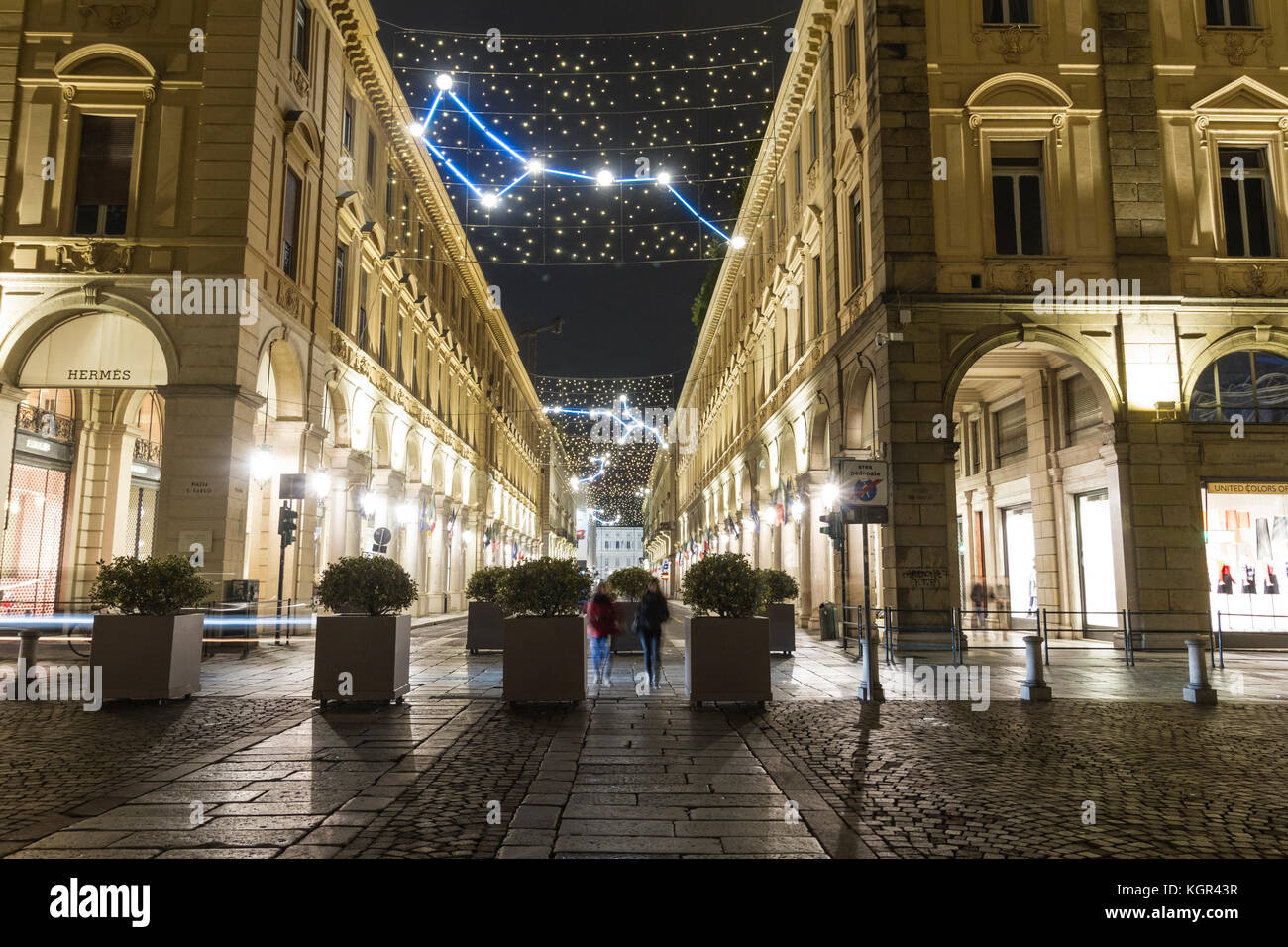 Turin dowtown with the Luci d'Artista in via Roma. Stock Photo