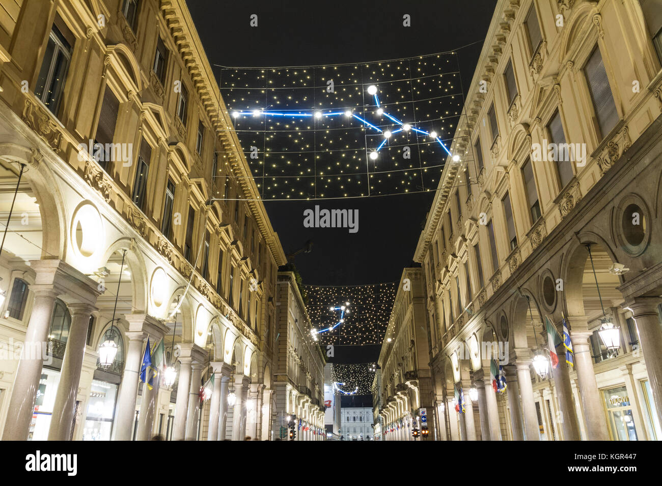 Turin dowtown with the Luci d'Artista in via Roma. Stock Photo