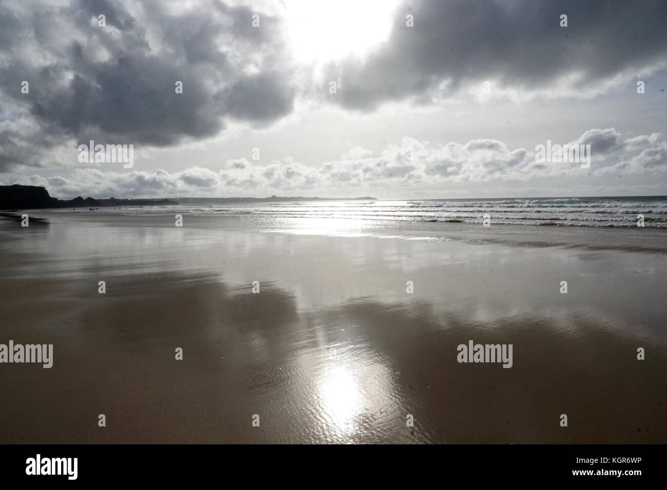Seascapes and clouds along the coastline at Watergate Bay Stock Photo