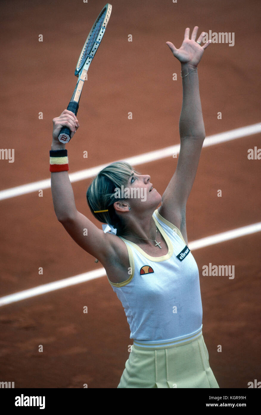 Chris Evert preparing to serve during a match at the 1981 French Open Stock Photo