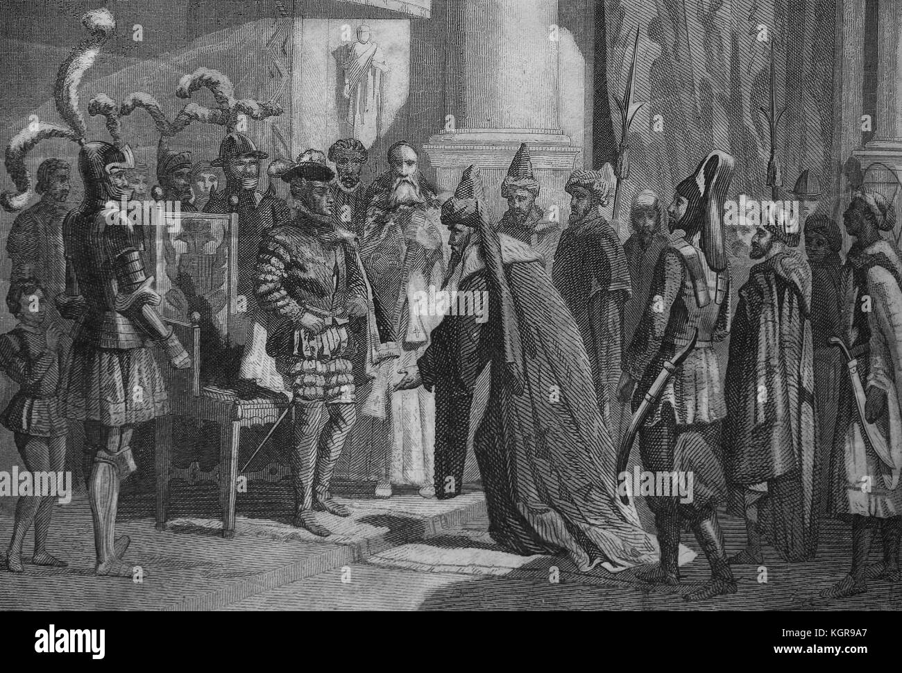 The Bey of Tunis interviewing with Emperor Charles V (1500-1558). Engraving, 1863. Stock Photo