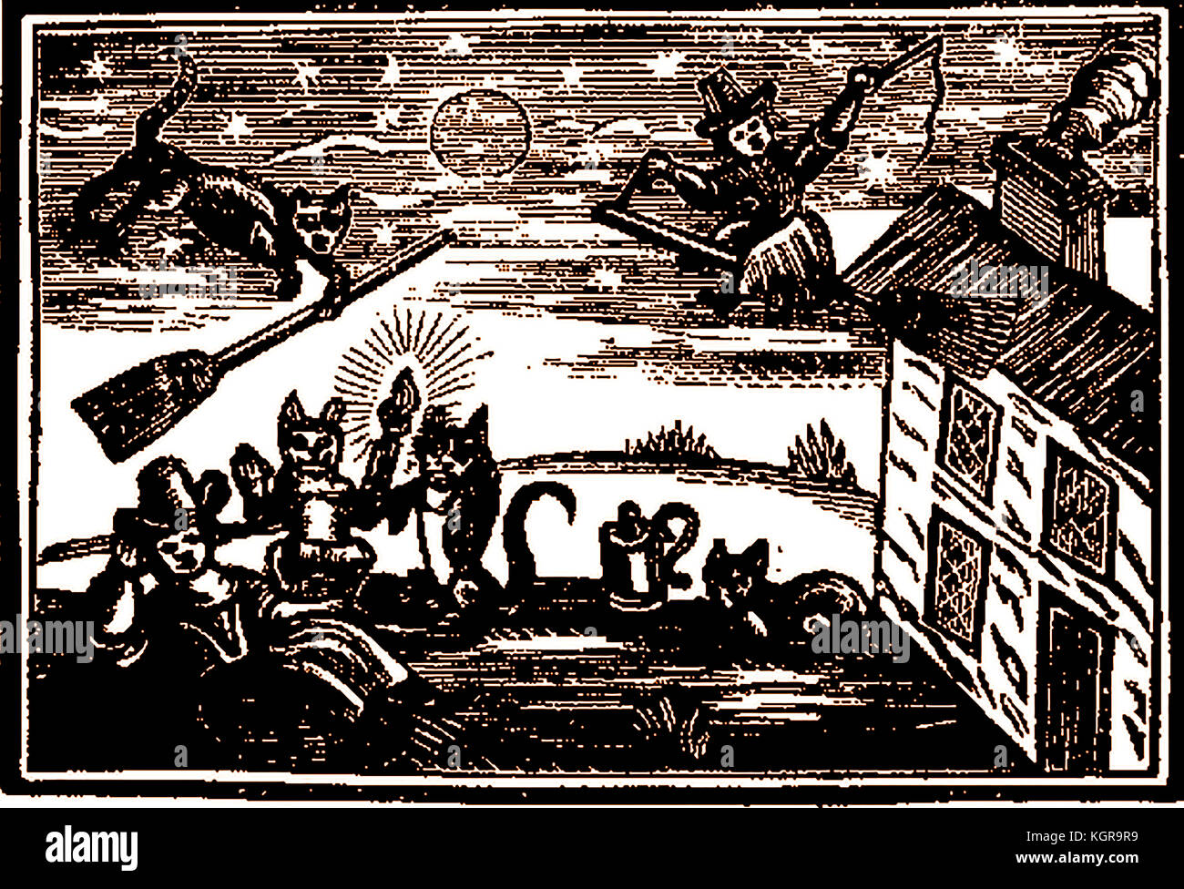 WITCHCRAFT -  An 18th century woodcut  engraving -  A witch riding her broomstick whilst another below is surrounded by her familiars Stock Photo