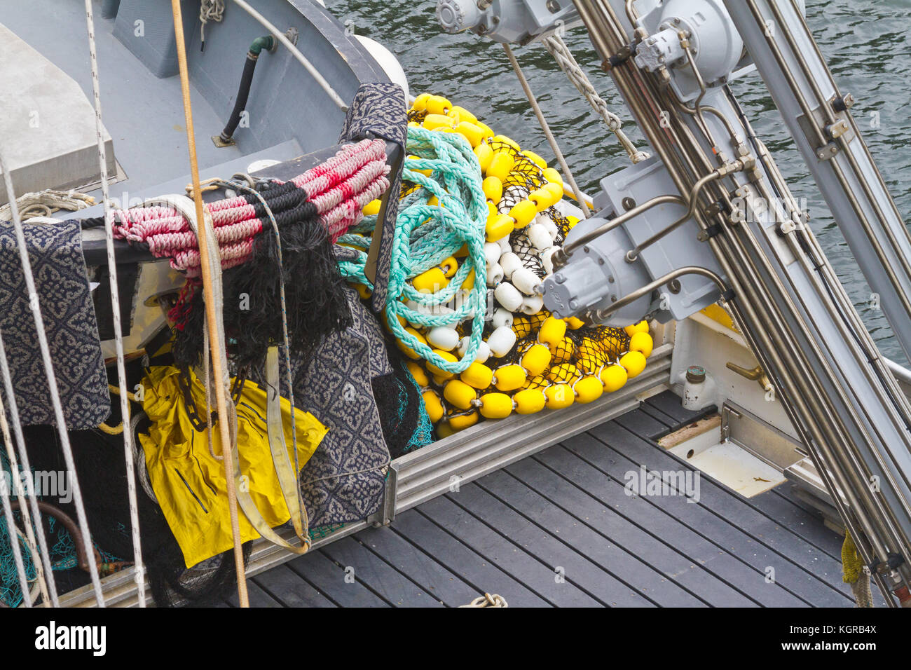 Fishing nets and floats on a spool of a small commercial fishing