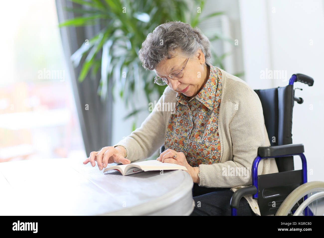 Elderly woman in wheelchair reading book Stock Photo Alamy