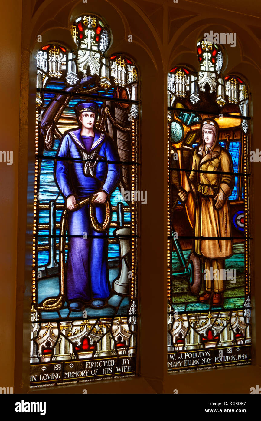 Memorial stained glass windows of a Canadian World War I sailor and airman in the Canadian Memorial United Church, Vancouver, BC, Canada Stock Photo