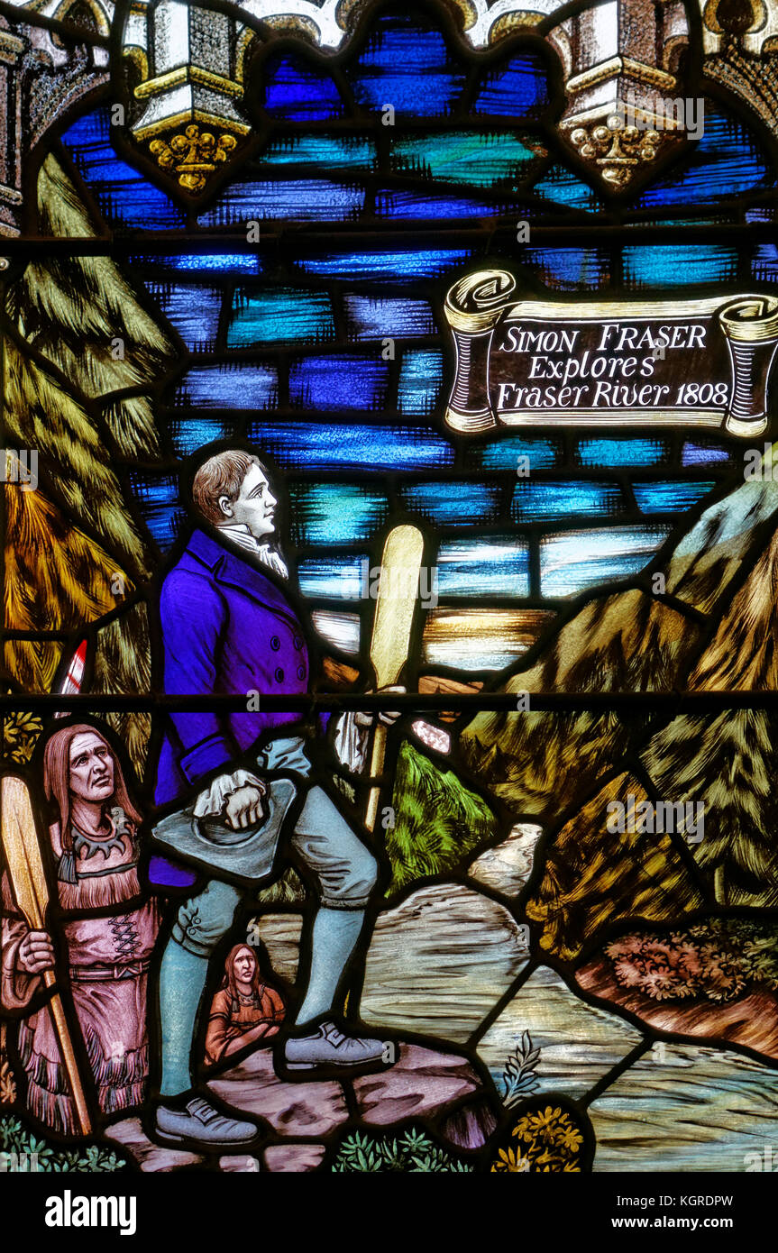 Panel of British Columbia stained glass window titled Simon Fraser Explores Fraser River 1808, Canadian Memorial United Church, Vancouver, BC, Canada Stock Photo