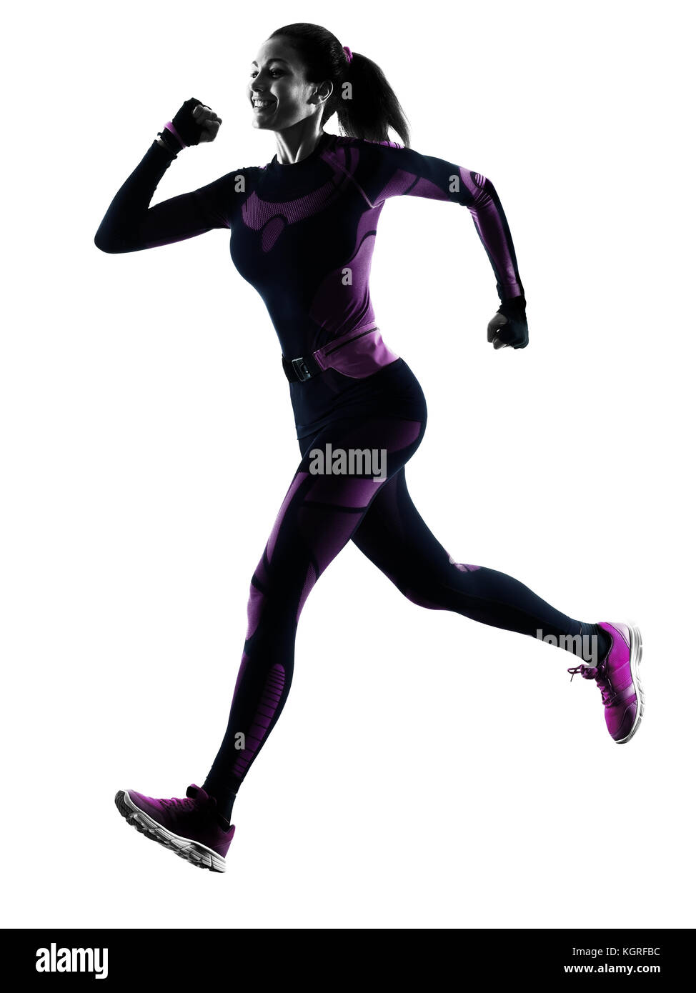 one young caucasian woman runner running jogger jogging isolated silhouette shadow on white background Stock Photo