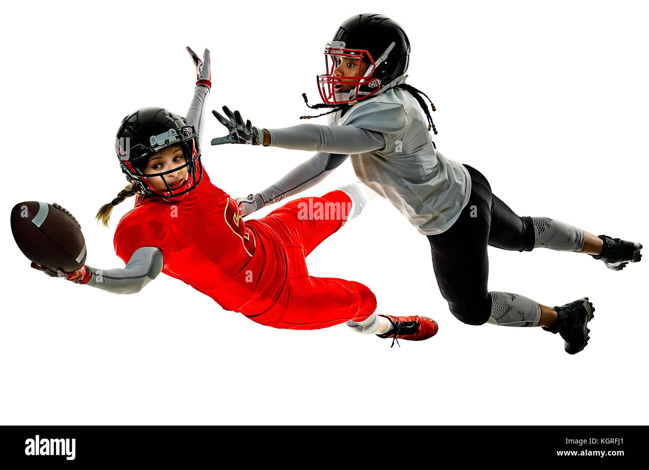 two women teenager girls american football players isolated on white